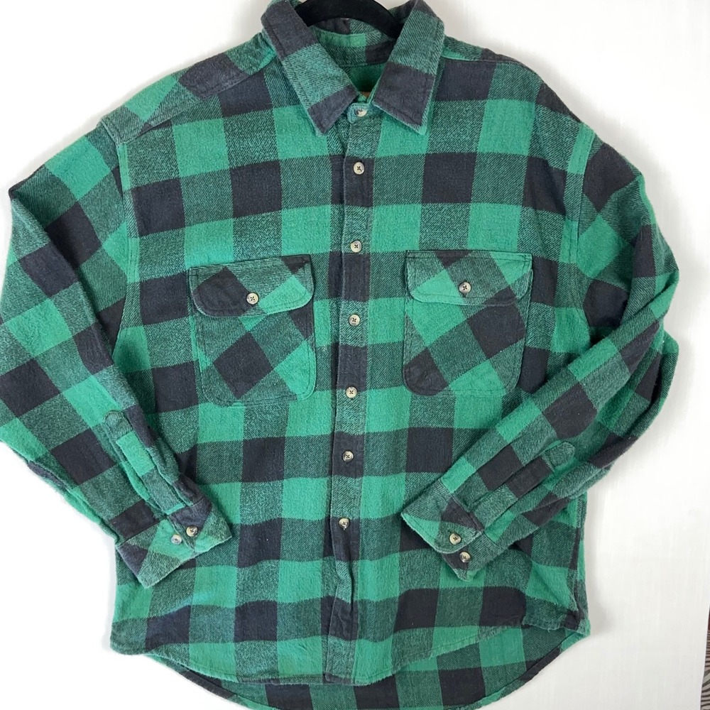 Zone Mens XL Flannel Shirt Green Black Buffalo Plaid Long Sleeve Button Down